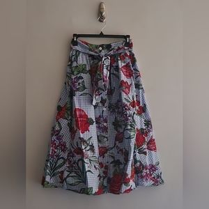 Zara Woman Blue Gingham Floral Prairie Tie Skirt